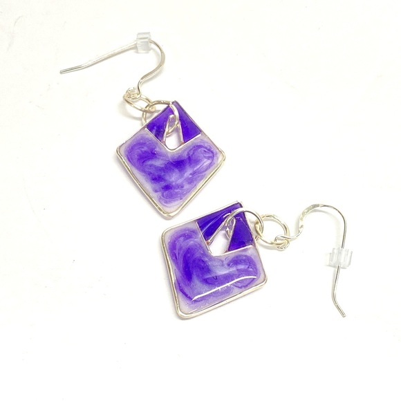 HANDMADE Abstract Geometric Resin Art Dangle Sterling Silver French Hook Earring - Picture 2 of 9